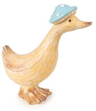 Decorative Duck Ornament with Blue Mushroom Hat, Cream Coloured Garden Figurine (Small Duck Egg)