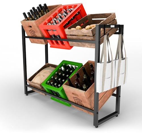 Rumy Getränkekistenregal für 6 Kisten – Stabiles Getränkeregal und 2 Haken – Kistenregal für Getränkekisten, Bierkisten und Wasserkästen – Schwarz, Bierkisten regal belastbar bis 150 kg