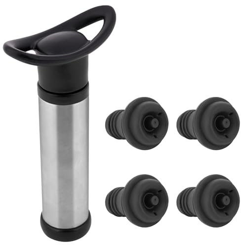 Linkidea Pompe à vin avec 4 bouchons de vin réutilisables, facile à utiliser, garde le vin frais, compatible avec les bouteilles de vin rouge et blanc (noir)