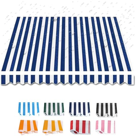 IMUNKT 300x250cm Tessuto per Tenda da Sole Estensibili, Tessuto di Ricambio Impermeabile Antistrappo, Tela di Ricambio per Esterno Balcone, Giallo Bianco(Lake Blue,8x6.5ft/250x200cm)