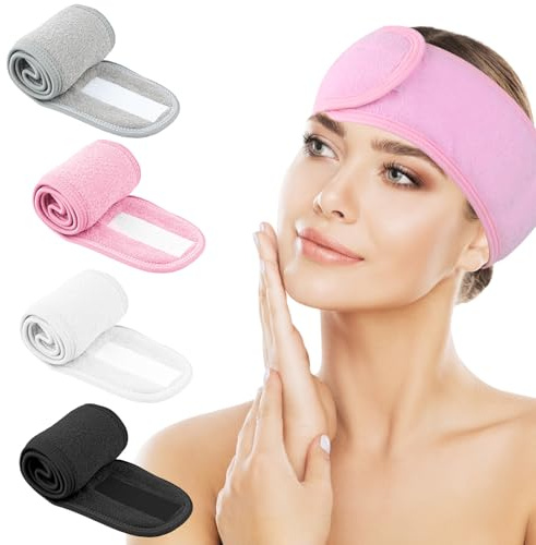 4 Pièces Bandeau Maquillage, Bandeau Cheveux Femme Maquillage Bandeaux de Bain Esthetique Réglable Headband avec Magic Tape Élastique Bandeau Cheveux pour Soin Visage Spa (Noir, Blanc, Rose, Gris)
