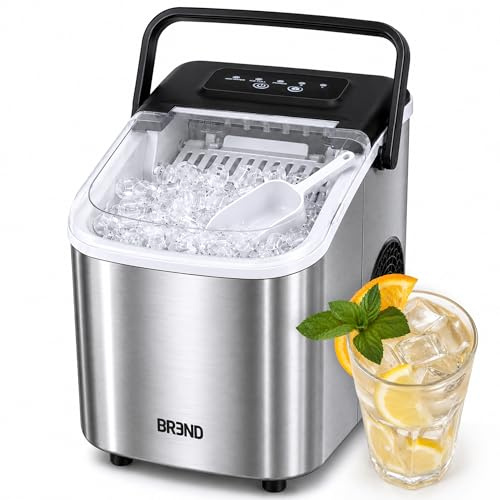 Machine à Glaçons 12kg en 24h BREND - 2 Tailles de Glaçons - Avec Poignée - Autonettoyage - Silencieux - 9 Glaçons en 6 Minutes - 1,2 Litre - Portable pour Camping, Maison et Cuisine - Inox