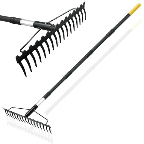 BlumeTrec Bow Rake, 68-Inch Adjustable Handle Garden Rake with 17 Steel Tines, Heavy Duty Dual-Sided Metal Rake Landscape Gardening Tool for Soil Loosening Lawn Yard Leaves Mulch Thatch Removing