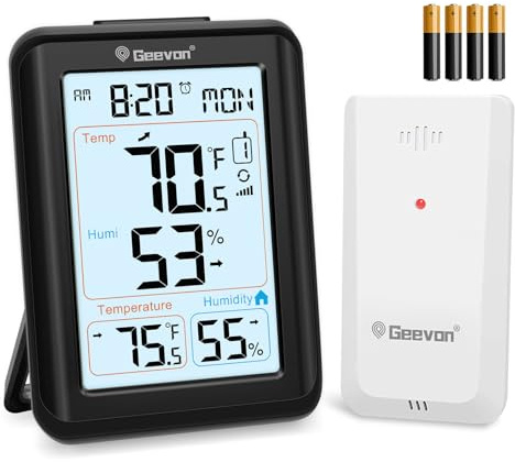 Geevon Funk Thermometer Innen Ausen, Digitale Thermometer Hygrometer Luftfeuchtigkeitsmesser Feuchtigkeitsgrad Außen Innen mit Max/Min Record, Wecker, Zeit (256300 TN Schwarz mit Batterie)