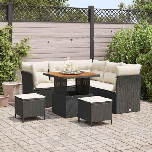 Qnhdfrt Garten-Sofa-Set Schwarz Poly-Rattan mit Cremeweißen Kissen, 5-teiliges Outdoor-Sofa für Terrasse und Balkon, Wetterfestes Lounge-Set mit Modularem Design