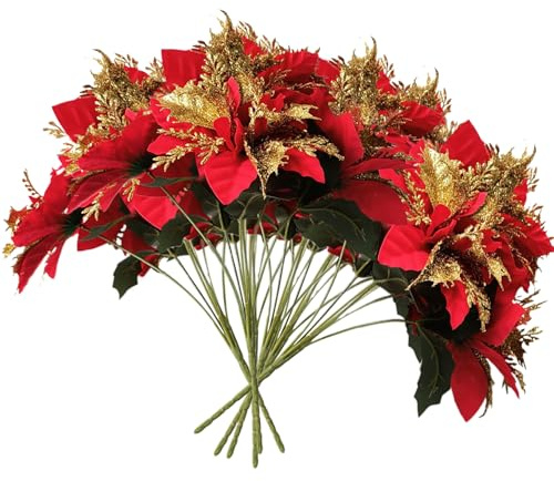 SMELEYOU Poinsettia Fleurs artificielles 6pcs 13, 8 Pouces Hauteur Fleurs de Noël réalistes Rouges artificiels pour la Maison de Noël à la Maison extérieure intérieure