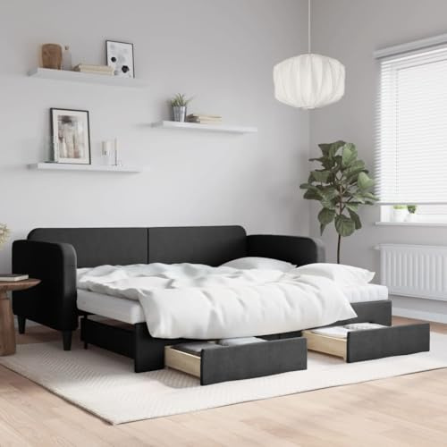 Teenpull Utdragbar dagsäng, med lådor, svart, 90 x 200 cm, tygöverdrag, komfort-skummadrass, robust sängram för gästrum, sovrum, möbler i set