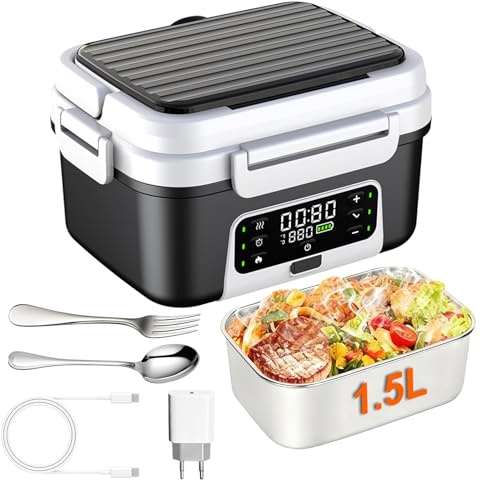 Wenosda Cordless Elektrische Lunchbox mit 20,000 mAh Akku， automatischer Aufheizfunktion 1,5L Lunchbox for Adult mit Isoliertasche, Gabel & Löffel