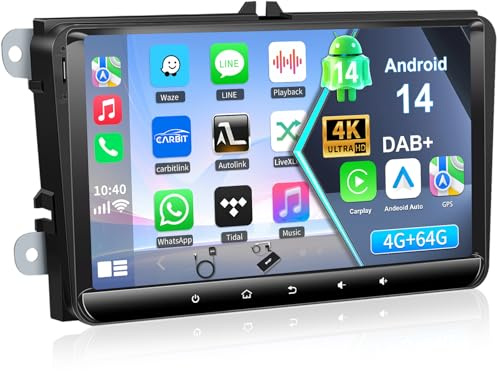 Qiiken 4+64G 9 Zoll Android 14 Autoradio mit Bildschirm für Golf 5 Golf 6 VW T5 VW Polo 6R Golf Plus VW, T5 Radio mit DAB-Antenne Canbus GPS-Antenne,Unterstützung DAB, DVR, CVBS, TPMS, DSP