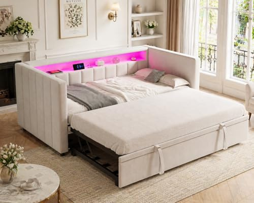ZIDEY Tagesbett 90x190, Daybett, Schlafsofa mit LED & USB & Stauraum, ausziehbarem Bett, Ausziehbett mit Lattenrost, Gästebett, Ohne Matratze, Beige