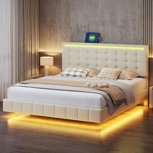 Klädd säng, svävsäng med LED-sängram, funktionell säng med LED, stoppad modern dubbelsäng med ribbotten och justerbar sänggavel, för sovrum, beige, linne, utan madrass
