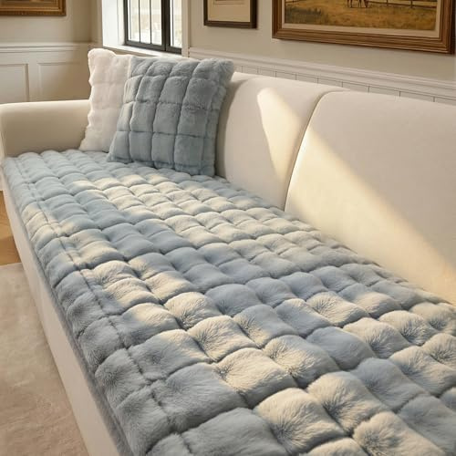 OHSIO Sofa Überzug aus Kunstfell in Kaninchen-Optik, Rutschfester Couch Überzug für 1–4 Sitzer, superweicher Sofabezug, waschbar & haustierfreundlich(Hellgrau, 70x210cm)
