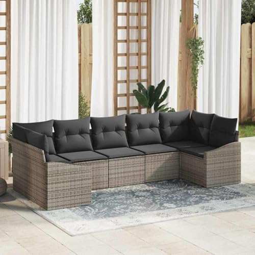 Frdhee Outdoor Möbel Eckbankgruppe,Sofa Set mit Kissen 7 pcs Grau Poly-Rattan für Balkon Terrasse Hinterhöfe