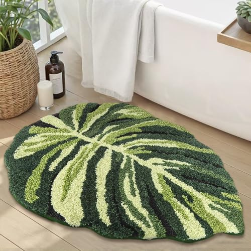 Dermalyx Monstera Blatt Badezimmerteppich, Weiche Flauschige Badematte, rutschfest und Wasserabsorbierend, Waschbar, Badvorleger für Dusche und Toilette 50 x 80cm
