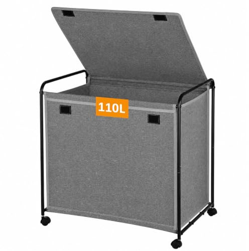 VINATO 110L Cesto de Ropa con Tapa y Ruedas, Gran Cesto de Almacenamiento Móvil de Tela Oxford con Estructura Metálica Robusta, Cesta con Asa para Ropa, Juguetes, Envases Retornables – Gris