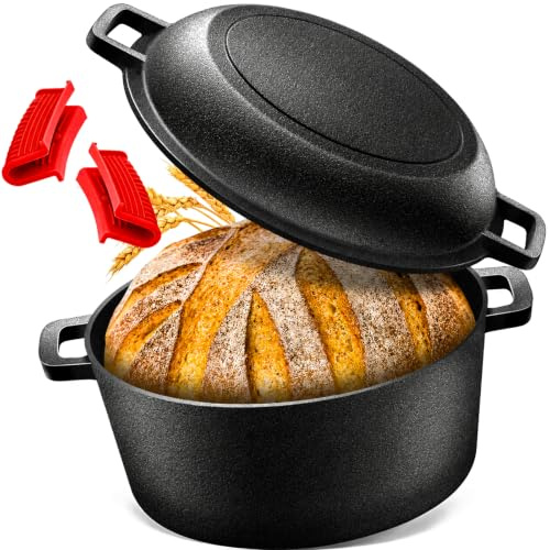 NZQXJXZ 5QT Olla de hierro fundido tipo Dutch Oven para hornear pan, molde para pan de 26 cm con tapa para hornear, olla para pan 2 en 1 con sartén
