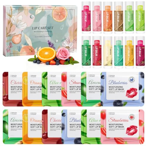 24PCS Lip Balm ＆ Lip Mask, Lip Balm Multipack Provides Deep Hydration