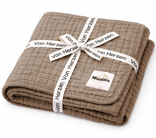 Nuvina Babydecke aus 100% Bio-Baumwolle Musselin 120x80 cm – 8-lagige Kuscheldecke für Neugeborene & Babys – Weich, Atmungsaktiv, GOTS Zertifiziert – Ganzjahresdecke (Taupe)