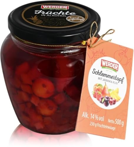 Werder Rumtopf - Handgefertigter Fruchtrum 500g mit Jamaika Rum & DDR | Traditioneller Fruchtrum nach Originalrezeptur mit 250g Fruchtanteil, 14% vol, inkl. Ostalgie-Geschenkkarte & Rezeptbuch