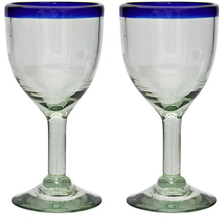 Tumia LAC Handgemachtes Weinglas - mittlere Größe - recyceltes Glas - Blauer Rand - Set aus 2 Gläsern