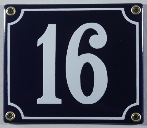 Emaille Hausnummernschild - Wählen Sie Ihre Nummer - Zahlen 1 bis 30 verfügbar - blau/weiß 12x12 cm und 12x14cm - sofort lieferbar! Hausnummer Schild wetterfest und lichtecht (16 blau/weiß 12x14cm)