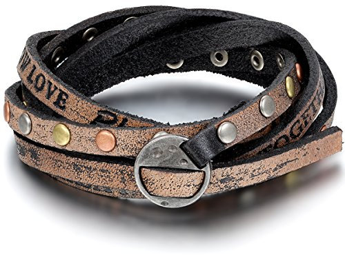 Flongo 2 PCS Metalllegierung Legierung Leder Echtleder Armband Armreifen Manschette Schwarz Braun Bunte runde Nieten Wörter Wickeln Einstellbar Verstellbaren Punk Rock Herren,Damen
