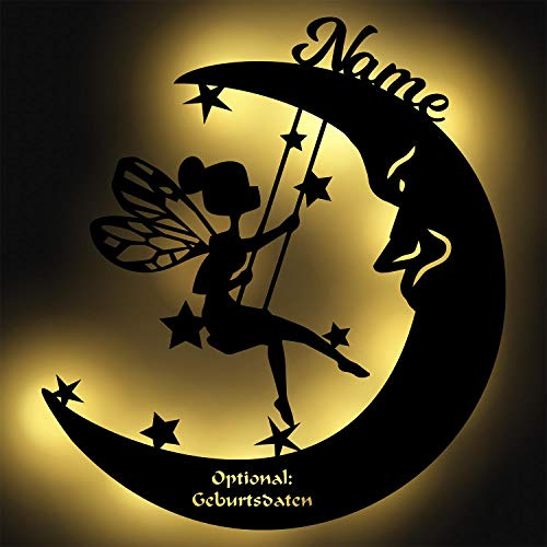 Namofactur Schlummerlicht Leuchtsterne Nachtlicht Led Lampe personalisiert Schaukel Fee auf Mond Geschenke zur Geburt Feen Geschenk mit Name Geburtsdaten persönlich Mädchen