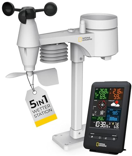 National Geographic Wetterstation Funk mit Außensensor Wetter Center 5-in-1 Colour mit Außensensor für Temperatur, Luftfeuchtigkeit, Luftdruck, Windmesser und Regenmesser, schwarz