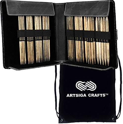 Lykke Driftwood DPN Stricknadeln, Doppelspitze, Birkenholz, US-Größen 6, 7, 8, 9, 10, 10,5, 11 und 13, mit grauer Denim-Tasche, Projekttasche, 15,2 cm