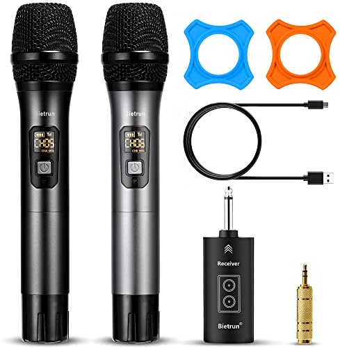 Wireless Microphone with Bluetooth, Professional UHF Dual Handheld Dynamic Metal Mic System Set with Rechargeable Receiver, 160 ft Range, 1/4''Output, for Karaoke Machine, Singing, Amp, PA Speaker
