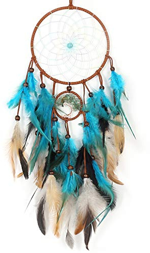 TEESHLY Dream Catchers with Tree of Life and Teal Feather Indian Handmade Dreamcatchers for Boho Wall Hanging Decoration, Ornament Festival Gift (Green Tree of Life)