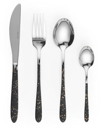 Salter BW09496 Gold-Marmor 16-teiliges Besteckset - Geschirrset für 4 Personen, Tafelsilber aus Edelstahl, Enthält Messer, Gabeln, Esslöffel und Teelöffel, nur Handwäsche, Griff mit Sprenkeleffekt