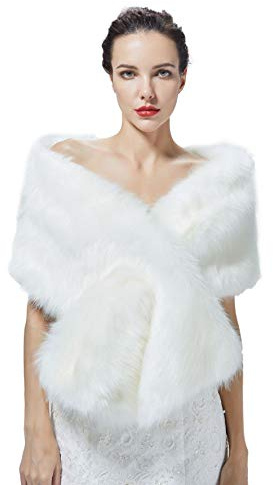 BEAUTELICATE Châle Étole Fourrure De Femme Mariage Écharpe Cape sur Robe de Soirée Mariée 1920s Gatsby Flapper Fête Costume(Taille Unique, Blanc avec Trou)