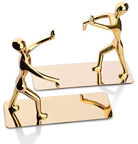 Buchstützen, Edelstahl Kung Fu Man, Modisch, Robust, Buch-Organizer für Regal, Stabil Humanoide Buchstützen für Schule, Zuhause, Büro, Bibliothek, Geschenke für Leseratten, 1 Paar -Golden