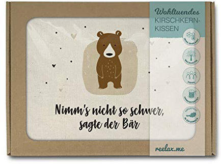 Reelax.me Kirschkernkissen für die Mikrowelle - Körnerkissen mit Spruch Bär, nimms nicht so schwer – Geschenk mit Motivations-Spruch – Geschenkidee und werd' gesund Geschek für Männer, Frauen & Kinder