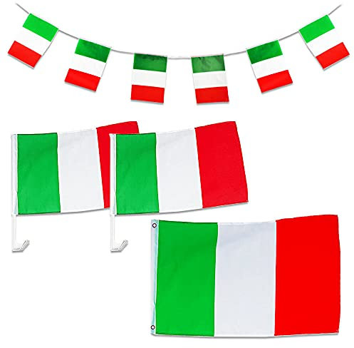 Murago- 4 TLG Italien Fanset - Fahne Flagge für Auto Fußball EM Fanartikel Autofahne Italia Deko Flaggenkette Girlande