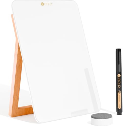 Yeoux Glas-Whiteboard mit wendbarem Holzständer, 24,1 x 17 cm | Massives Buchenholz & gehärtetes Glas, trocken abwischbare Schreibtafel, kleines Whiteboard, für Zuhause & Büro