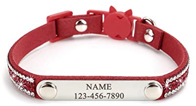 Mogokoyo Personalisiert Katzenhalsband mit Glöckchen Reflektierend Katzenhalsband Namen Telefonnummer Sicherheitsverschluss Verstellbar Kristall Katze Kitten Samtstoff 21-25cm