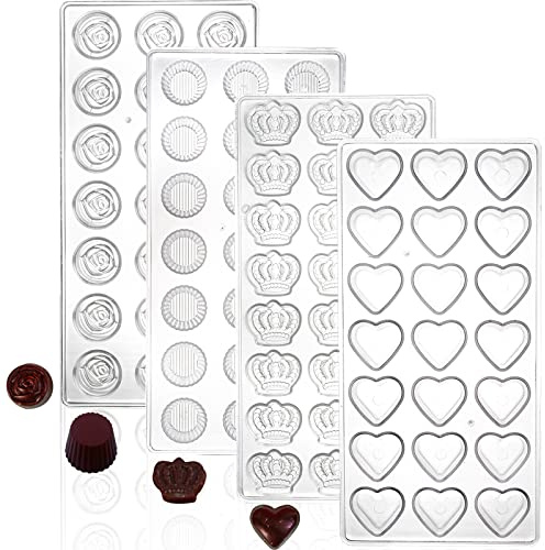 ZEAYEA Schokoladenform aus Polycarbonat mit 87 Fächern, für Süßigkeitenherstellung, Keksform für Mousse, Gelee, Süßigkeiten, Schokolade, Tasse, Herz, Rose, Krone, 4 Stück