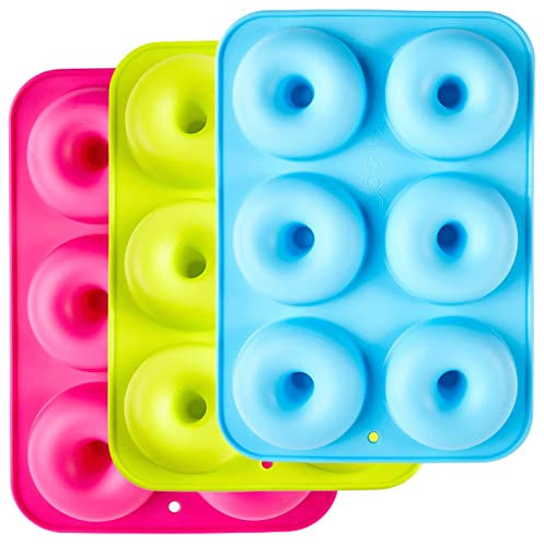 Silicone Donut Moulds,3 Pack Silicon Doughnut Mould,Large Non-Stick 6 Cavity Molds Doughnut Tray Donut Pan,Bagel Baking Tin,Muffin Cupcake Biscuit Doughnut Maker,Bakeware,Baker Tool-Blue,Red,Green