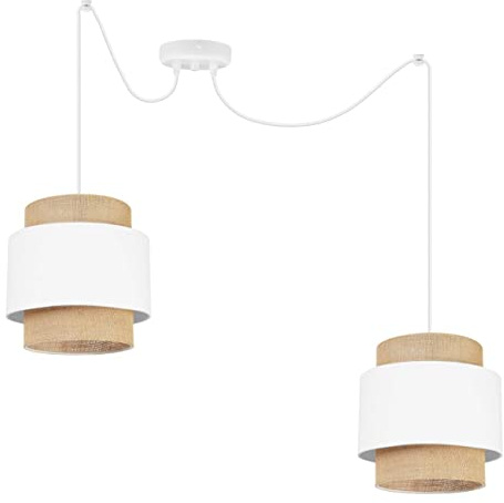 Light-Home Boho Hängelampe - Rattan Lampe - Deckenlampe für Wohnzimmer Schlafzimmer und Esszimmer - Pendelleuchte aus Metall mit Lampenschirm aus Stoff - E27-2-Flammig - Weiß und Jute