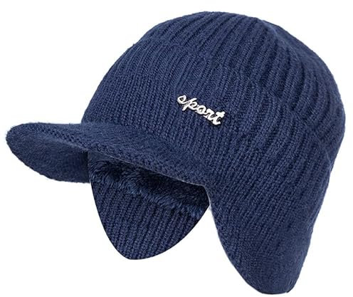 LEMITA Neutral Plus Fell Gefüttert Warme Wintermützen Schlappmützen mit Krempe Herren Damen Mützen Strickmützen mit Ohren, marineblau, One size