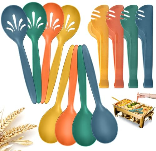 RayPard Reusable Plastic Serving Utensils Set of 12, 10 Wheat straw Large Serving set Serving Spoons/Slotted Spoons/Tongs, for Party Buffet Catering (Orange/Blue/Yellow/Green, Not for Cooking)