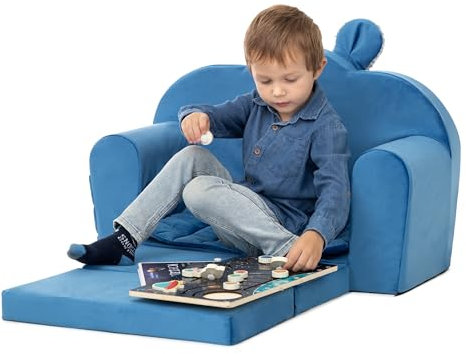 HOBBYGARDEN Kinder Sofa, Schlafsofa, Couch, Kindersessel, Sessel, Sofa, Kindercouch, Kinderzimmer, Ausklappbar, Schaumstoff Möbel, 71x35/91x48 cm, Blau