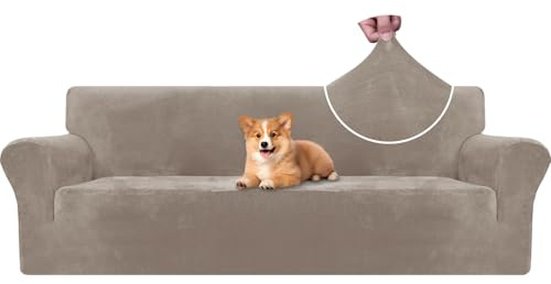 CYCMACO Samt Sofa Überzug 4 Sitzer, Sofabezug Elastische, Couch Überzug Haustier Katze Hunde, Universal Sofa Cover Moderne, Sofahusse Mit Armlehnen, Sofaschoner rutschfest, Khaki