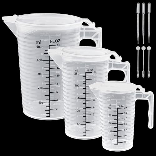 ADERTOS 3 PCS Measuring Jugs Set 100ml 250ml 500ml Clear Plastic Measuring Jugs Lab Graduated Beaker Measuring Cup with Lid, 3 PCS 3ml Pipettes Dropper, 3 PCS Stirrer Sticks for Kitchen Cooking Baking