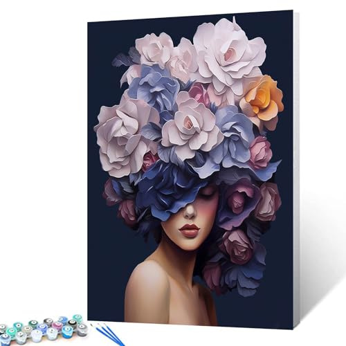 Walarky Moderne Lady Blumen Ölgemälde Malen Nach Zahlen für Erwachsene Anfänger Studenten Mode Kopf DIY Acrylmalerei für Zimmerdekor Leinwand Geburtstagsgeschenk Wahl DIY Handgefertigte Kunst16x20