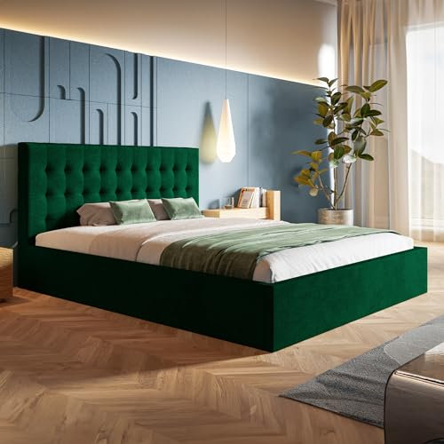 MOTIVENA Lili Bett 160x200 Grün Samt, mit Stauraum, mit Kopfteil, mit Lattenrost, ohne Füße, ohne Matratze, Polsterbett 160x200 mit Bettkasten Grün (Dunkelgrün)