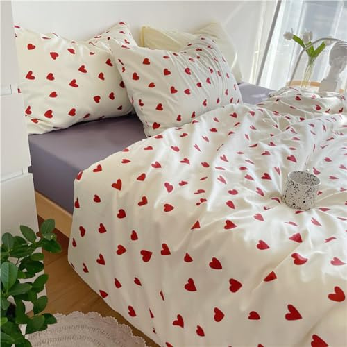 Michorinee Housse de Couette Cœur 200x200 Rouge avec 2 Taies d'oreiller 65x65 cm - Parure de Lit Rouge et Blanche en Microfibre - Linge de Lit 2 Personnes Adulte avec Fermeture Éclair