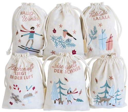Papierdrachen 6 Geschenksäckchen - Weihnachten 2025 - edel bestickt - ideal zum Verpacken von Geschenken - cremefarben bunt - 13 x 18 cm